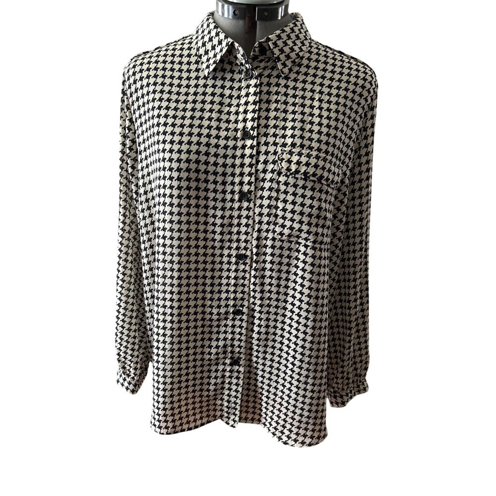 Who What Wear Womens Long Sleeve Houndstooth Button-Up Blouse XXL Black & Beige